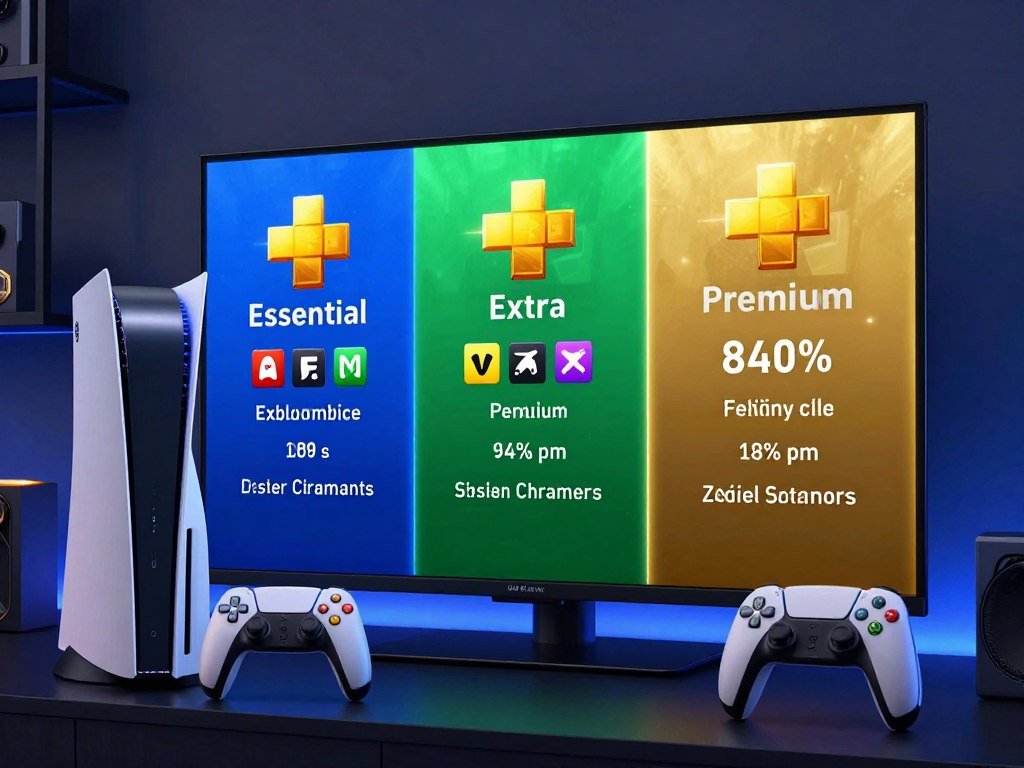 Three PlayStation Plus tiers compared on a gaming screen Three PlayStation Plus tiers compared on a gaming screen