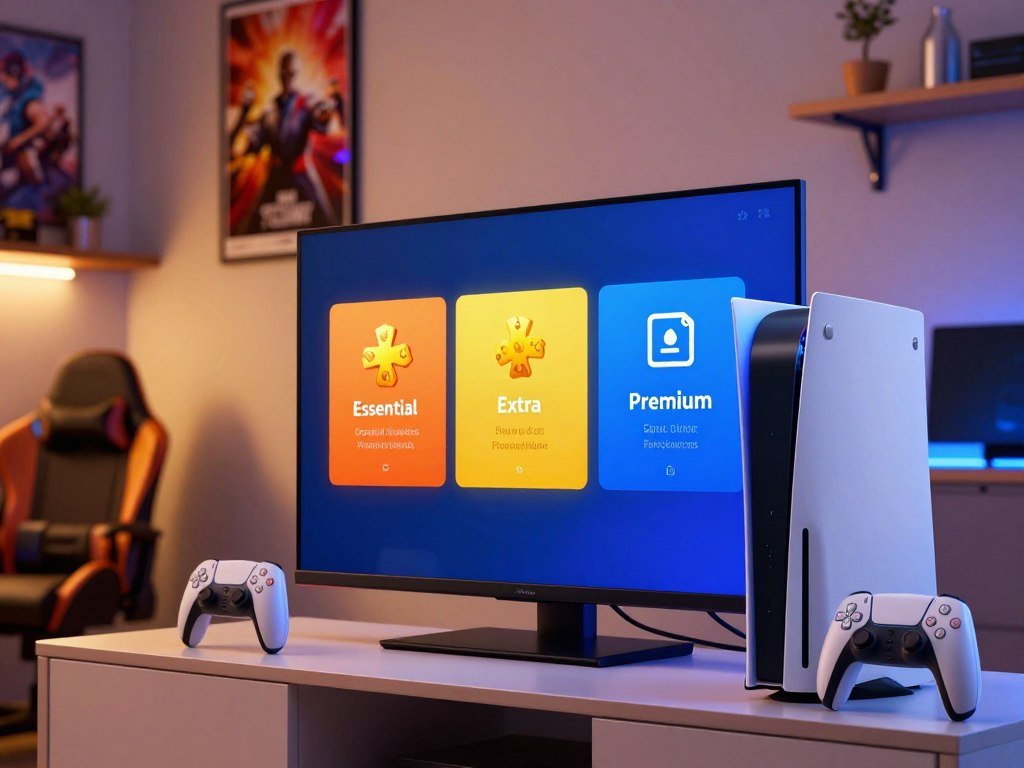 Three PlayStation Plus tiers shown on a console screen Three PlayStation Plus tiers shown on a console screen