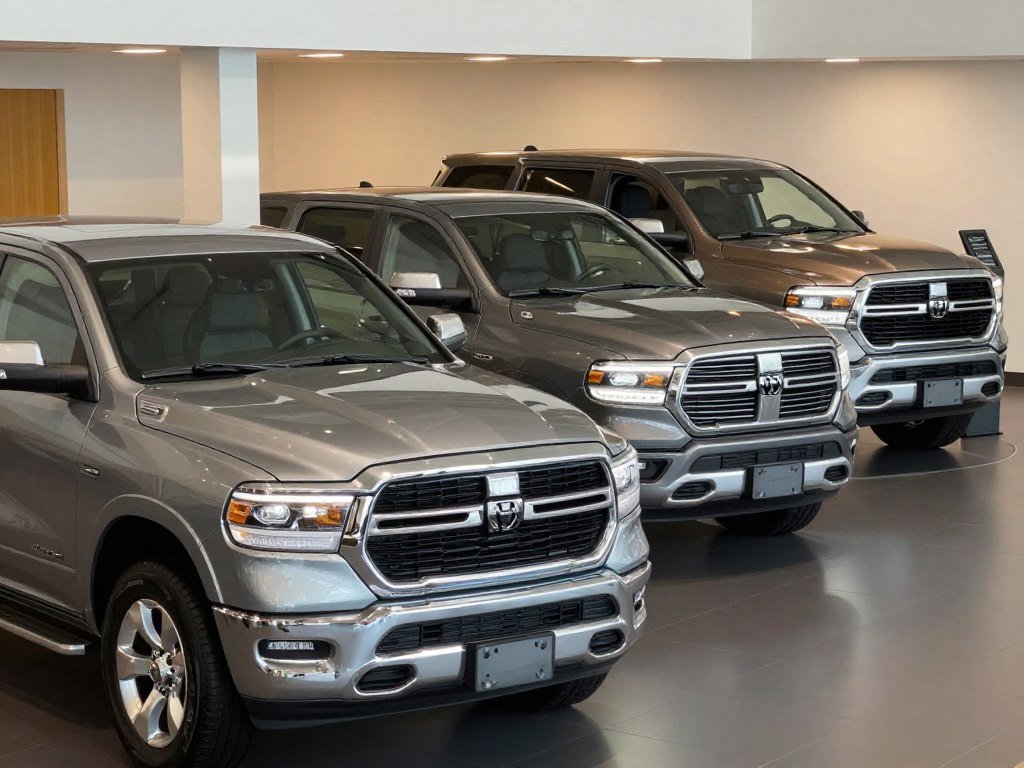Three Ram 1500 trims with listed MSRP and lease programs