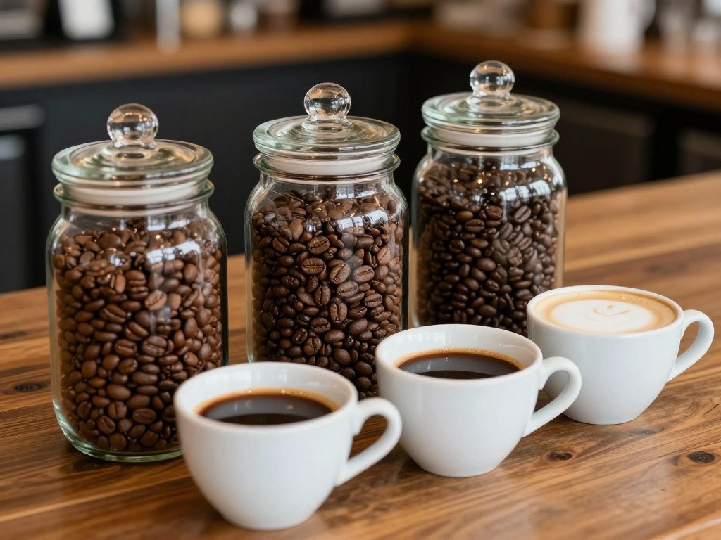 Three espresso roast levels beside cups for straight shots and milk Three espresso roast levels beside cups for straight shots and milk
