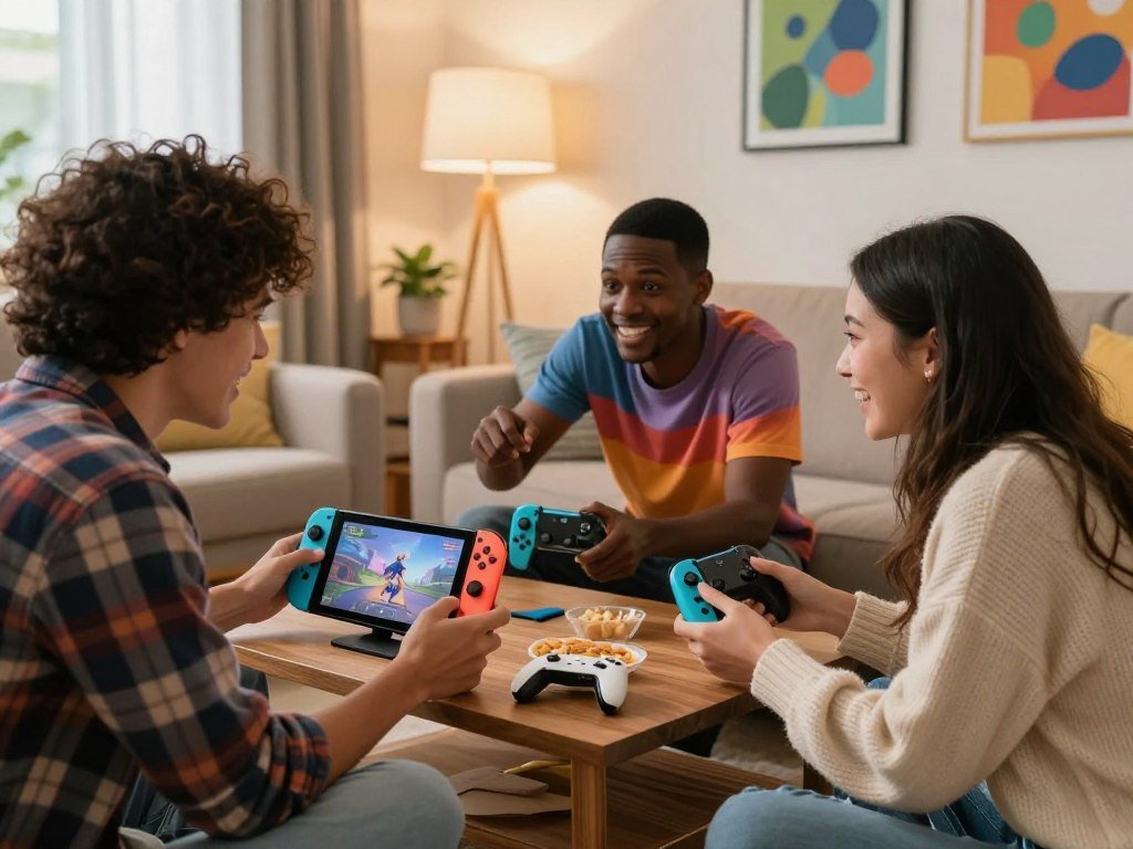 Three friends checking Switch multiplayer game modes