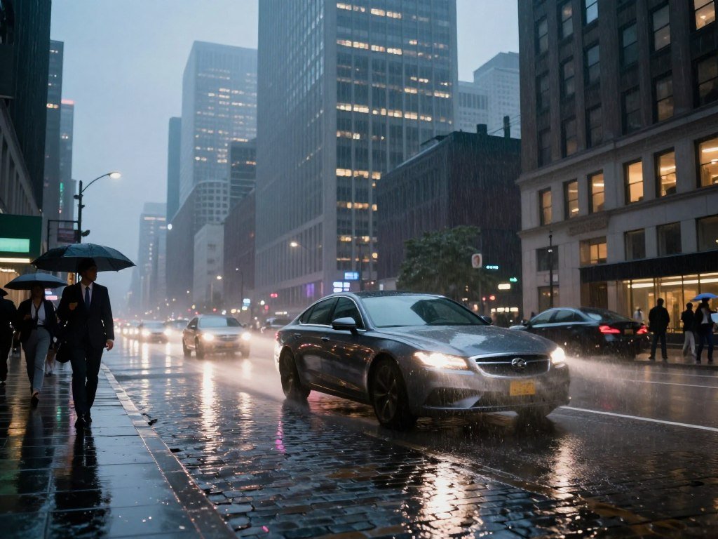 Tracking shot prompt for a rain-slicked city video