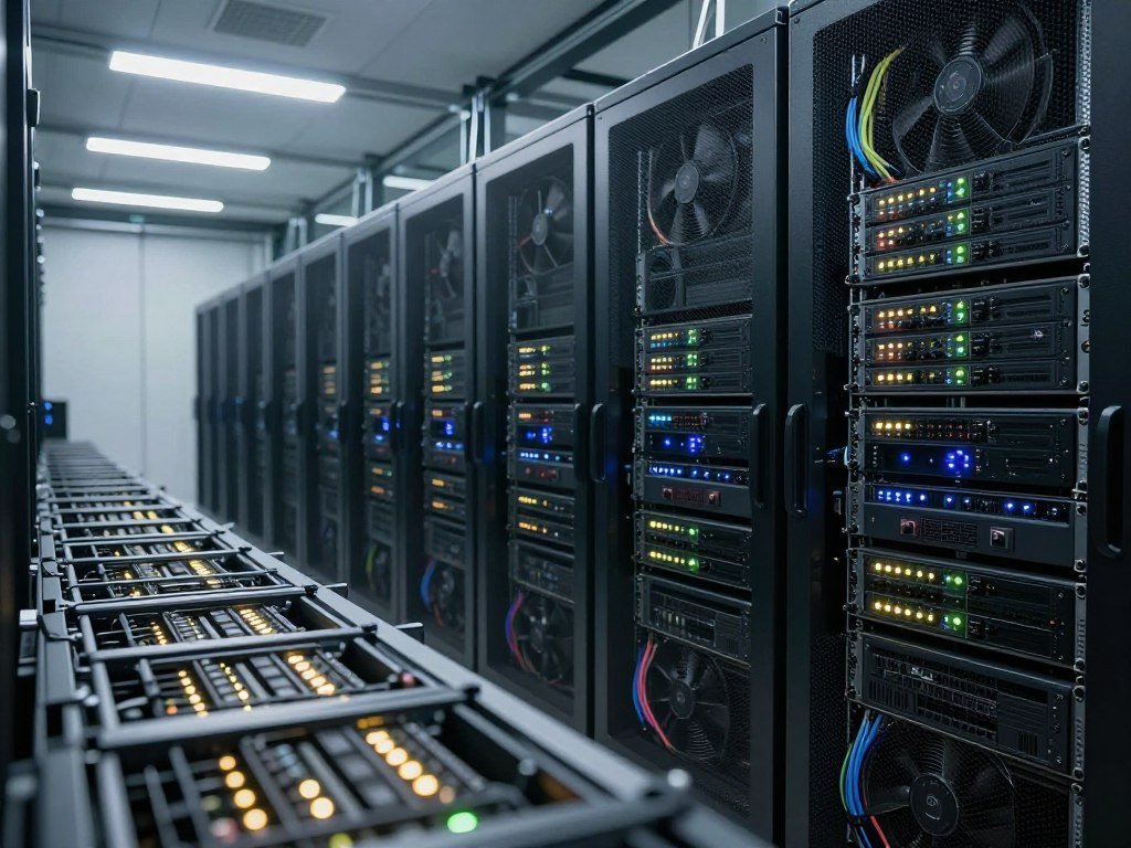 Traditional CPU servers beside dense GPU racks in data center rows
