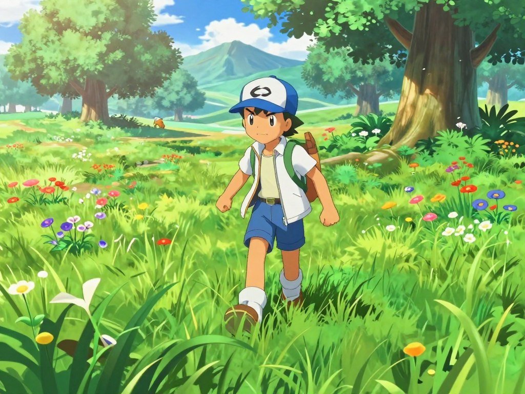 Trainer stepping through tall grass in the Kanto region Trainer stepping through tall grass in the Kanto region