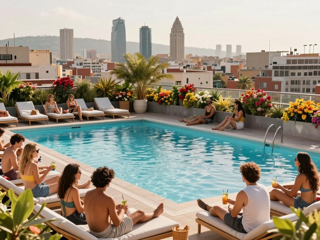 Travelers relaxing by a seasonal Sant Jordi rooftop pool Travelers relaxing by a seasonal Sant Jordi rooftop pool