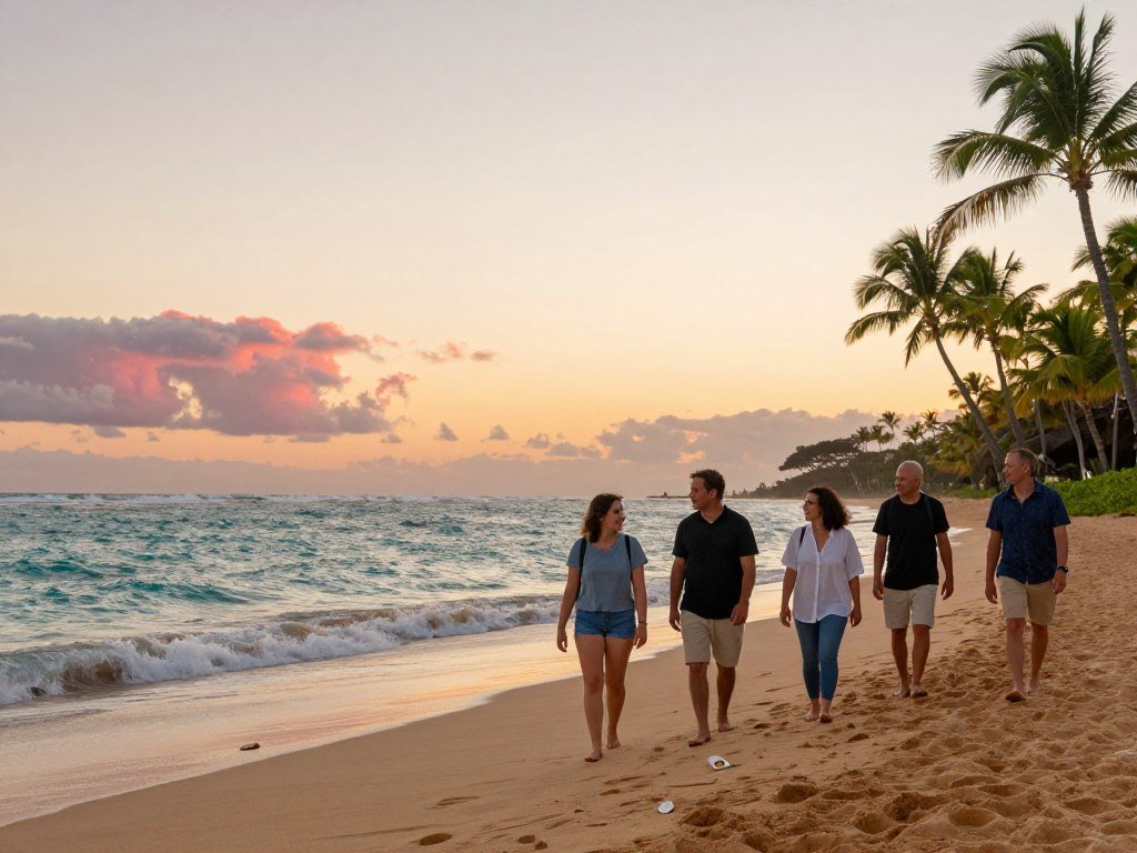 Travelers walking a Hawaii beach during a quieter fall visit