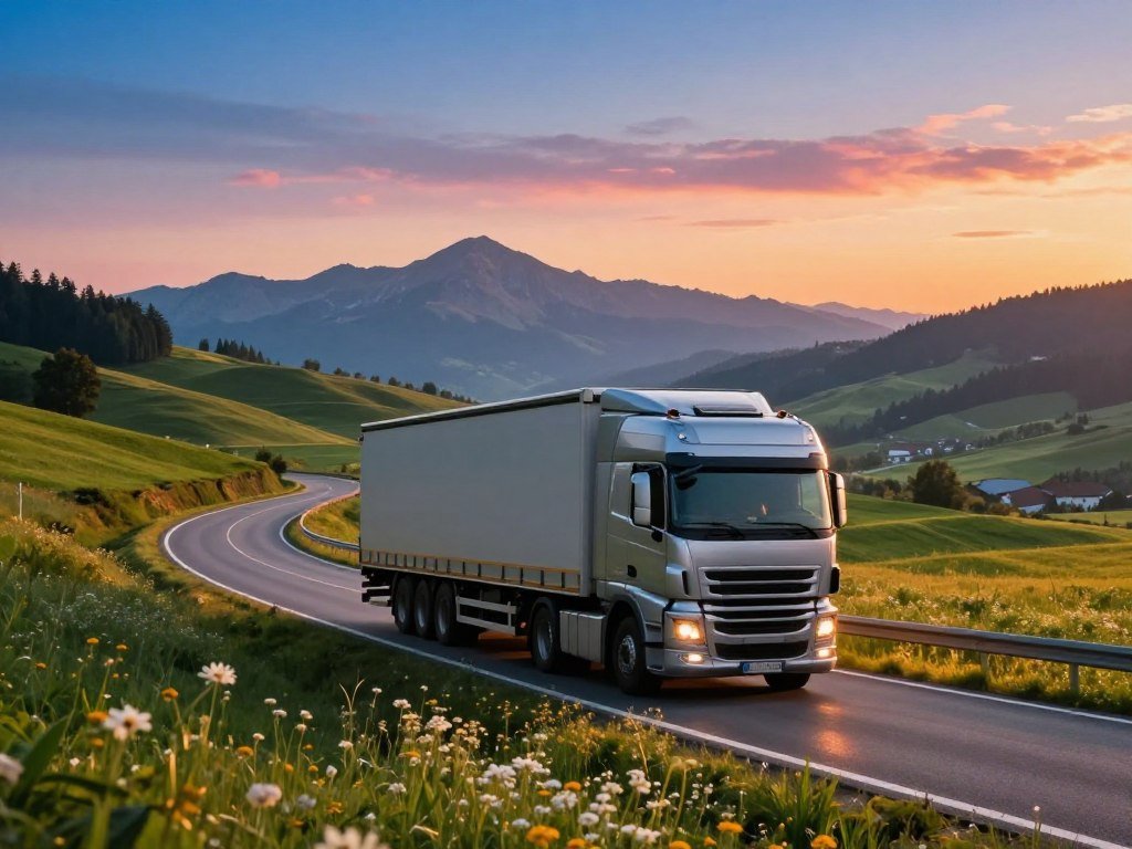 Truck driving across a scenic European road at dawn Truck driving across a scenic European road at dawn