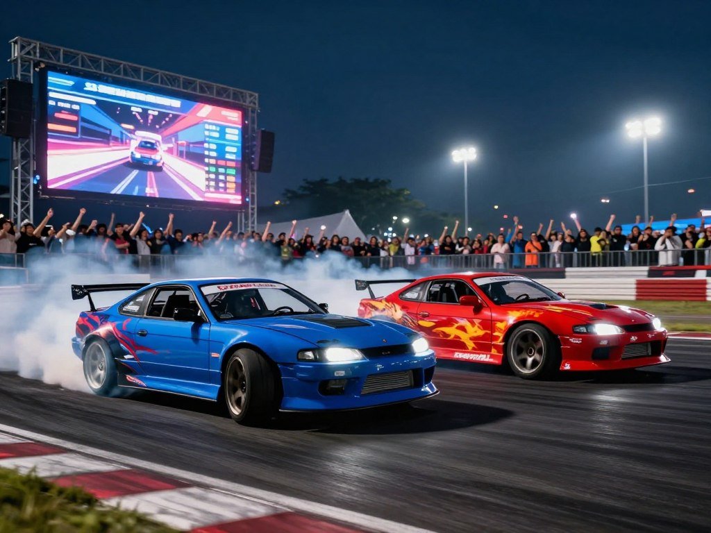 Two drift cars making paired runs during online competition
