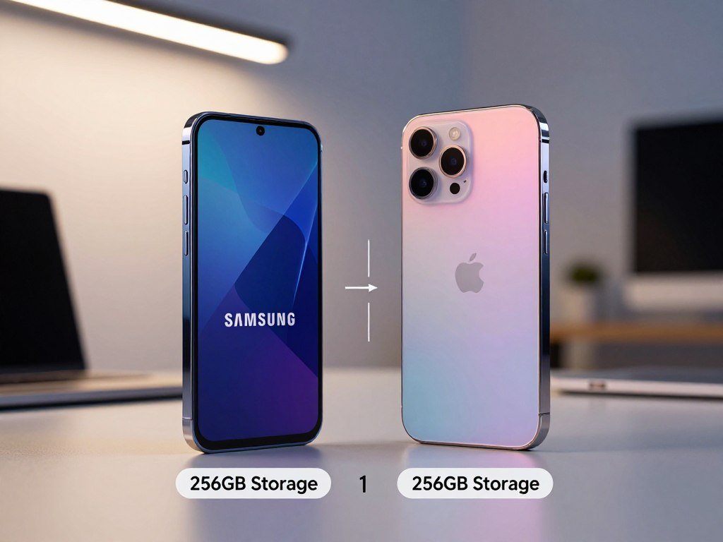 Two flagship phones beside a price comparison and 256GB storage labels Two flagship phones beside a price comparison and 256GB storage labels