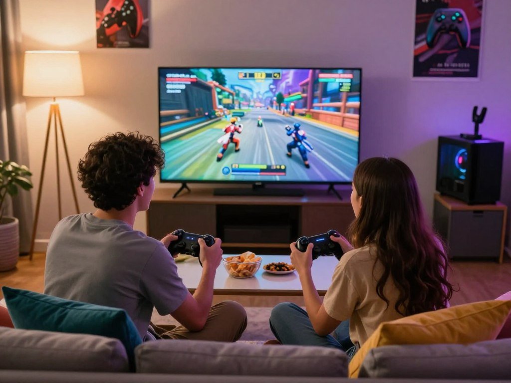 Two friends sharing couch co-op on one screen Two friends sharing couch co-op on one screen