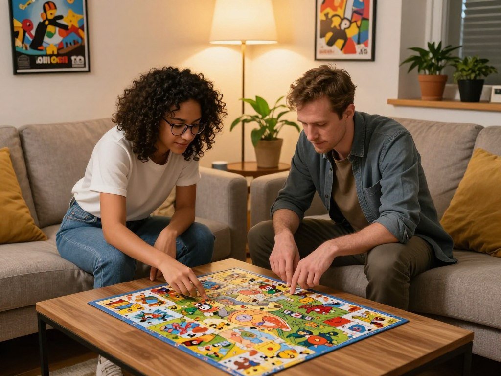 Two friends solving a story puzzle in a co-op game
