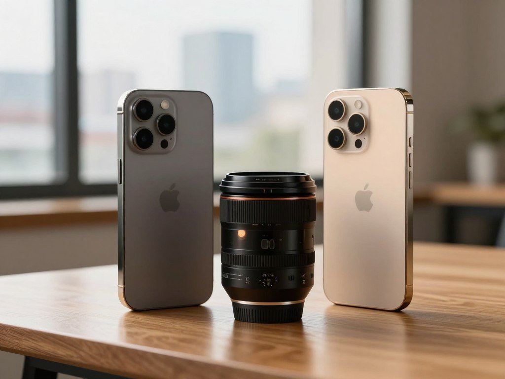Two iPhone Pro sizes beside a camera lens Two iPhone Pro sizes beside a camera lens