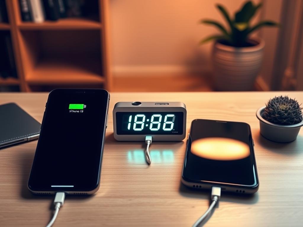 Two phones charging beside a battery life test timer Two phones charging beside a battery life test timer