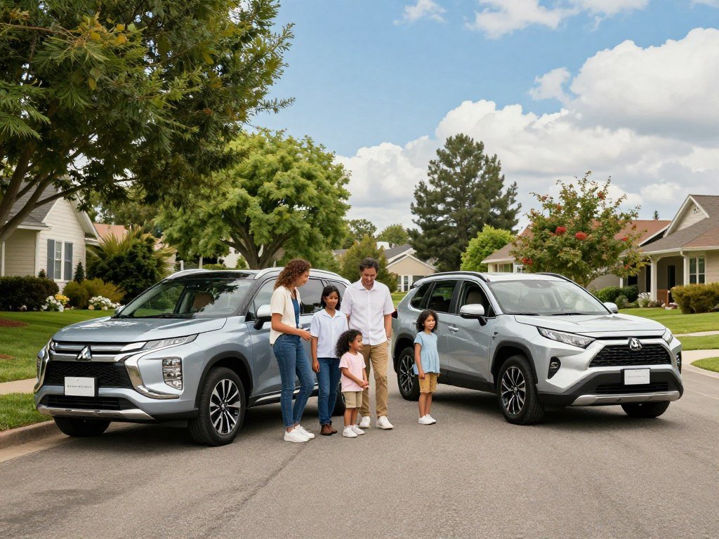 Two plug-in hybrid SUVs beside a family choosing a seating layout Two plug-in hybrid SUVs beside a family choosing a seating layout