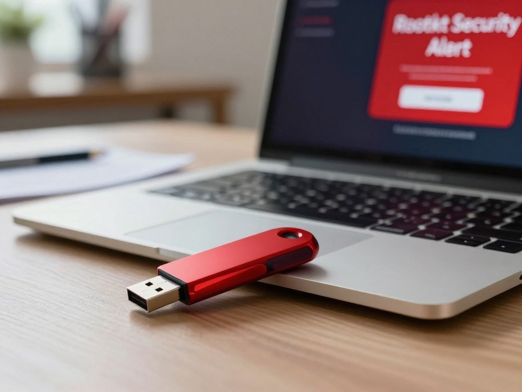 USB drive beside a laptop with a rootkit security alert USB drive beside a laptop with a rootkit security alert