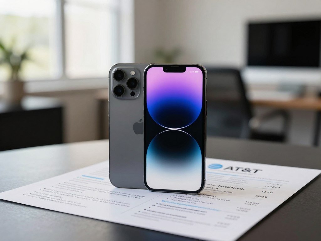 Unlocked iPhone beside an AT&T installment offer summary Unlocked iPhone beside an AT&T installment offer summary