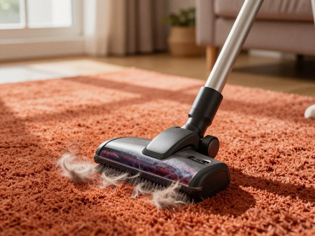Upright vacuum brush lifting pet hair from deep carpet Upright vacuum brush lifting pet hair from deep carpet