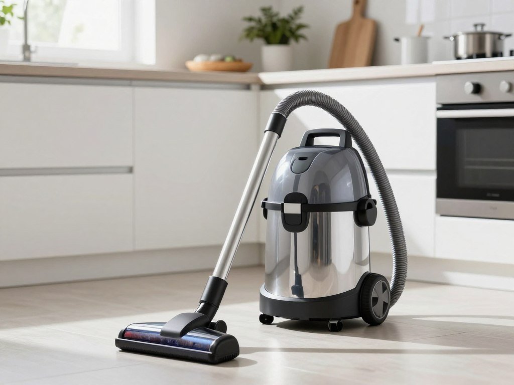 Upright wet dry cleaner beside sealed kitchen floor Upright wet dry cleaner beside sealed kitchen floor