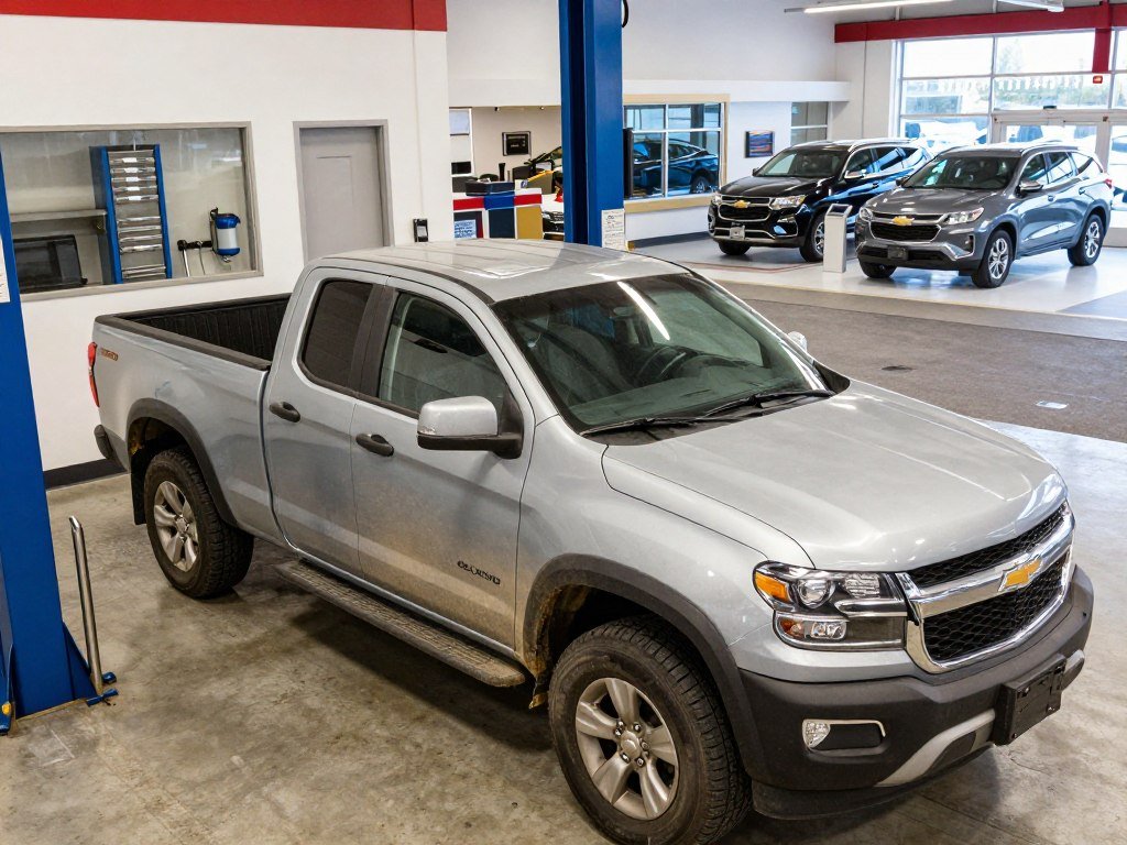 Used Colorado truck inspected beside a Chevrolet service bay