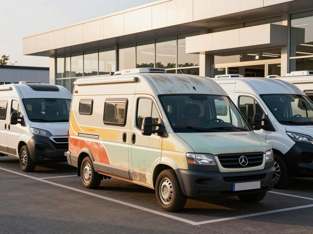 Used small camper van inspected beside a dealership lot