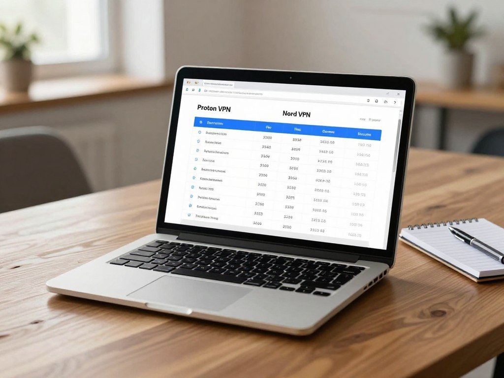 VPN comparison chart beside a laptop showing two providers