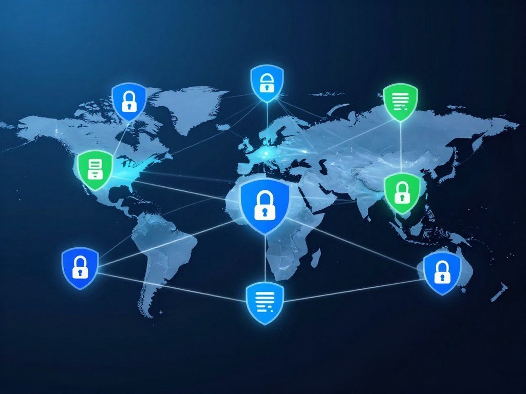 VPN servers marked across countries on a digital network map
