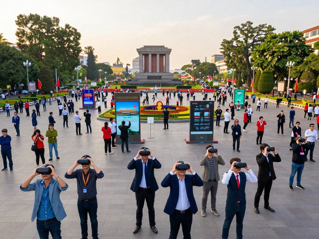 VR glasses show crowds gathered around Ba Dinh Square VR glasses show crowds gathered around Ba Dinh Square
