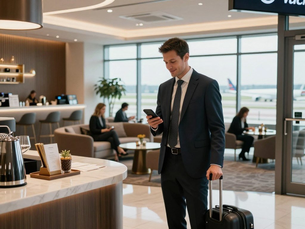 Venture X traveler checks a Capital One lounge before boarding Venture X traveler checks a Capital One lounge before boarding