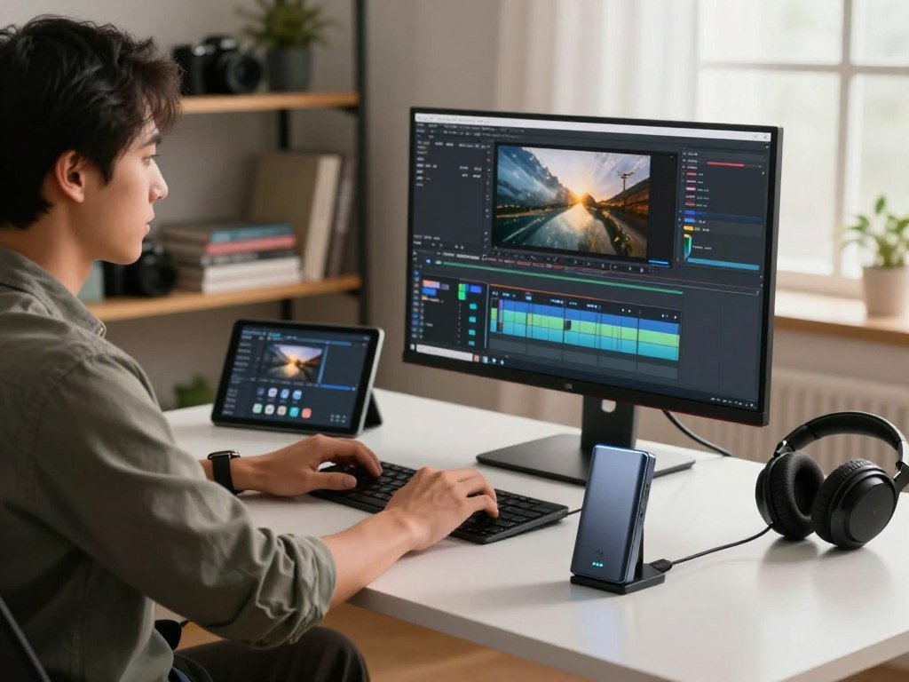 Video editor working with footage on a fast external SSD