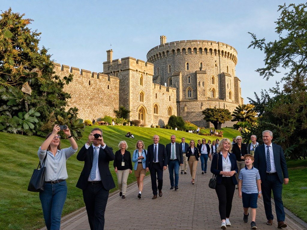 Visitors approach Windsor Castle during a royal history day trip Visitors approach Windsor Castle during a royal history day trip