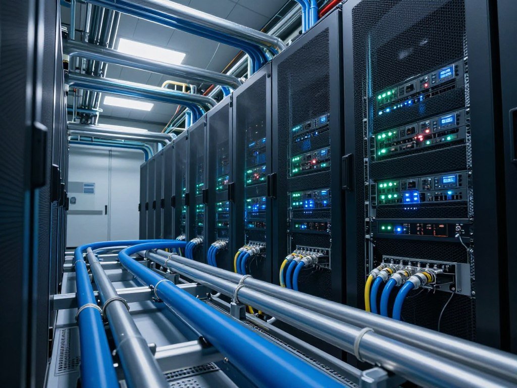 Water pipes and servers in data center infrastructure