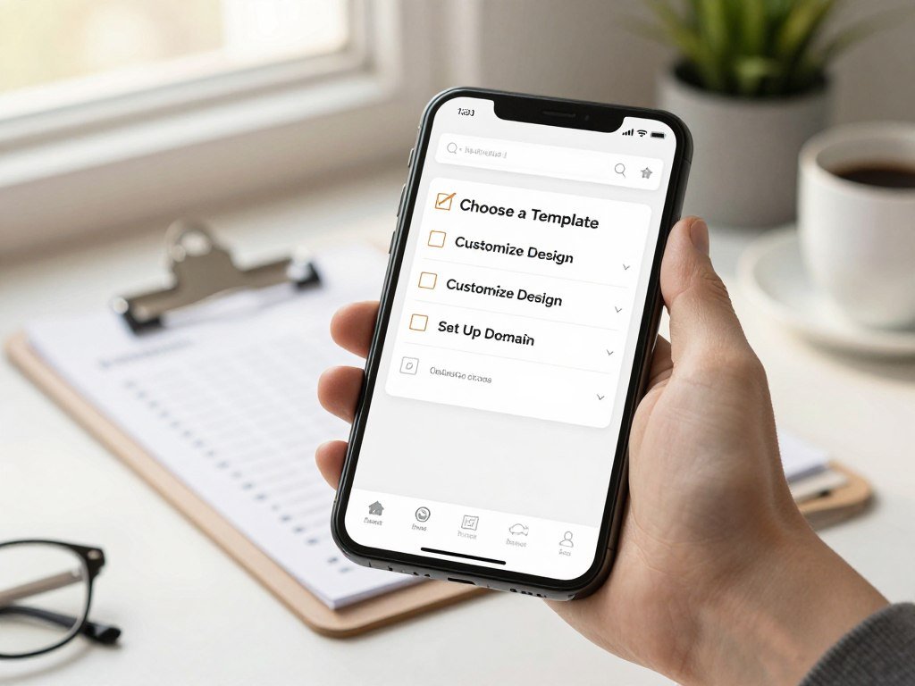 Website building checklist beside an editor preview on mobile Website building checklist beside an editor preview on mobile