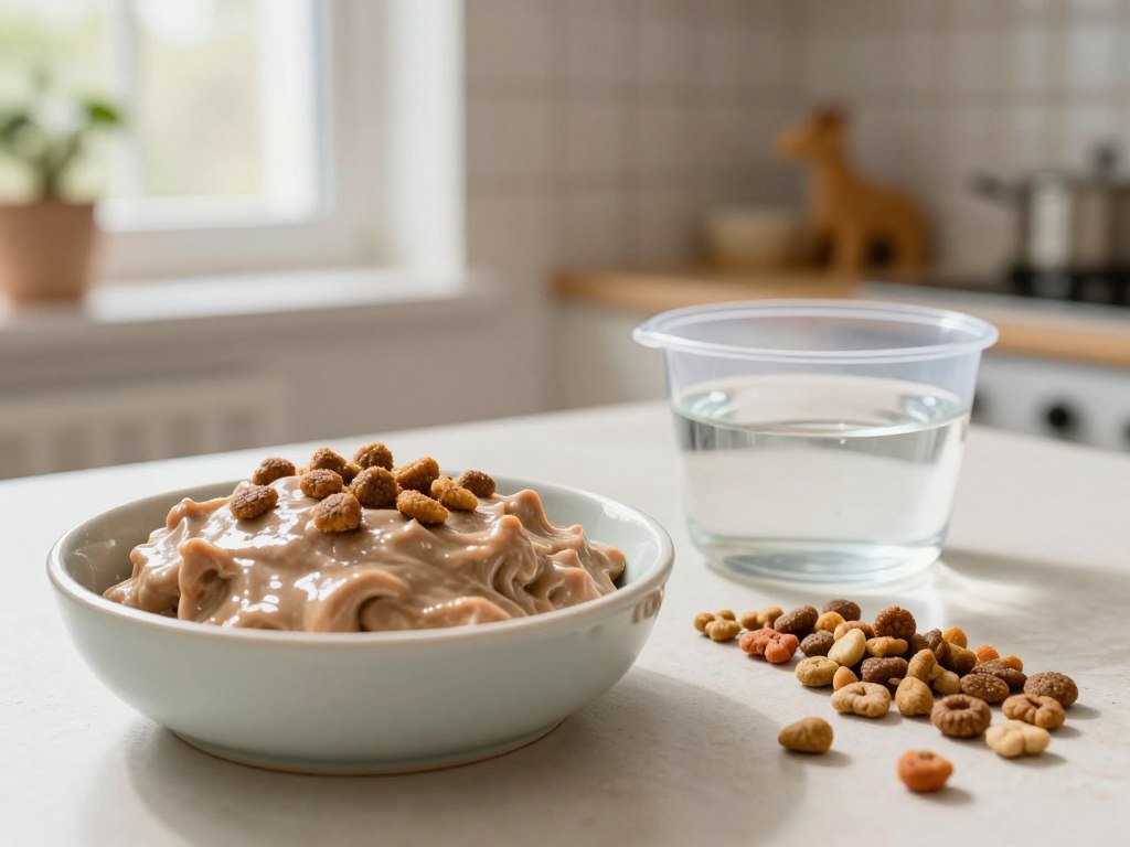 Wet food and measured dry kibble beside kitten water Wet food and measured dry kibble beside kitten water