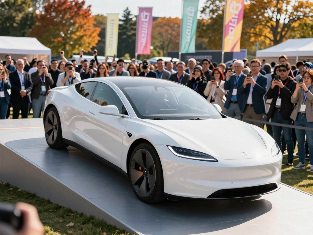 White Tesla Roadster climbing a curved ramp at the October demo