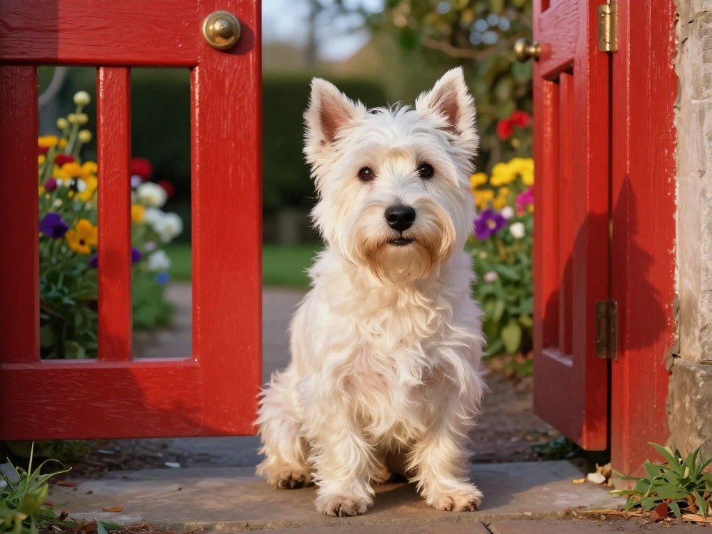 White terrier beside a red gate in a painted style White terrier beside a red gate in a painted style