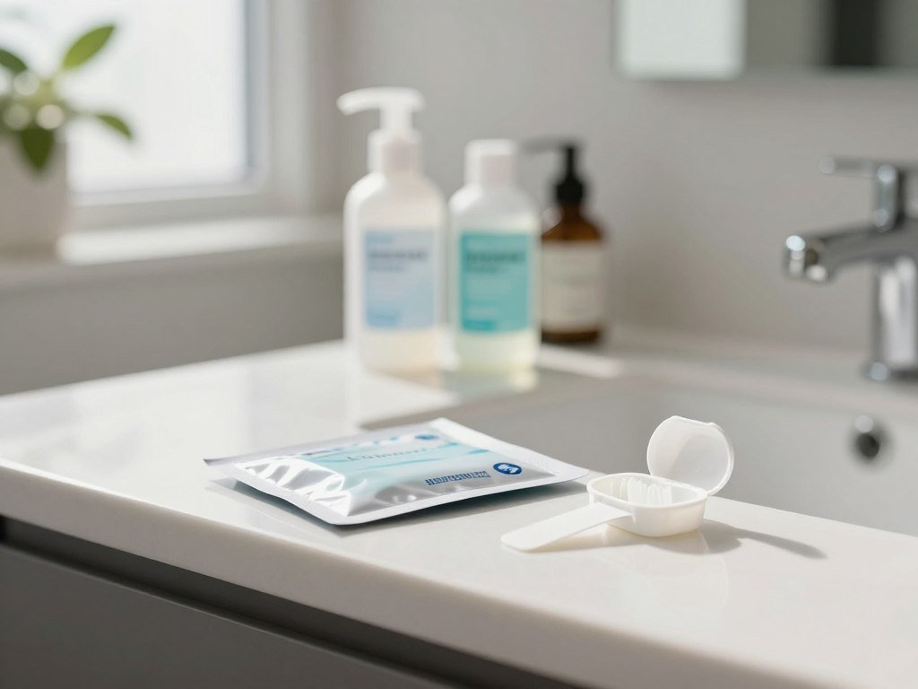 Whitening strips and a prefilled tray beside peroxide labels