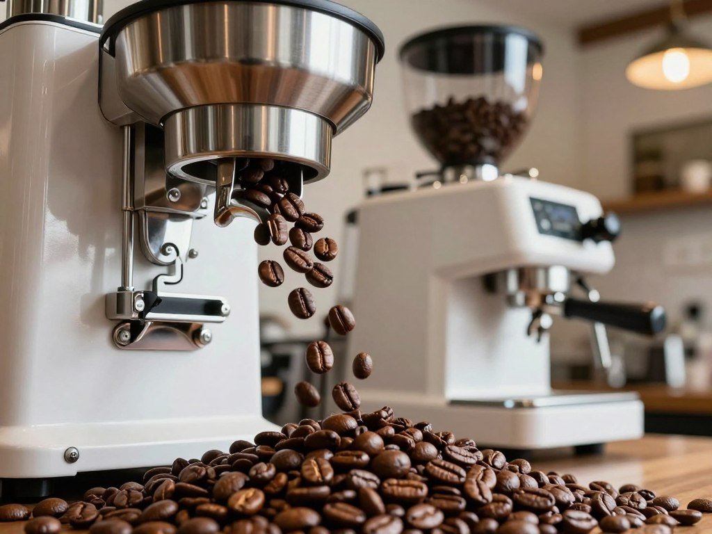 Whole beans moving from a hopper into an espresso machine grinder Whole beans moving from a hopper into an espresso machine grinder