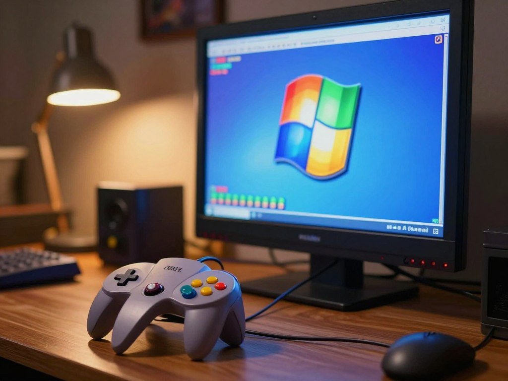 Windows N64 emulator open beside a wired game controller Windows N64 emulator open beside a wired game controller