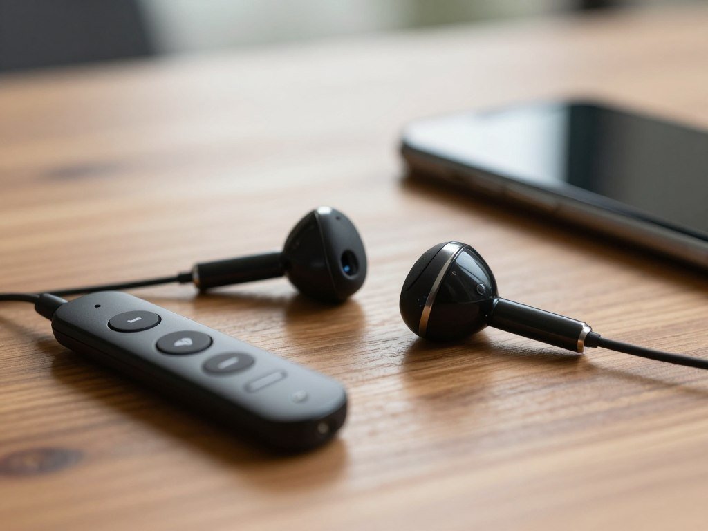 Wired earbuds microphone and remote ready for a phone call Wired earbuds microphone and remote ready for a phone call