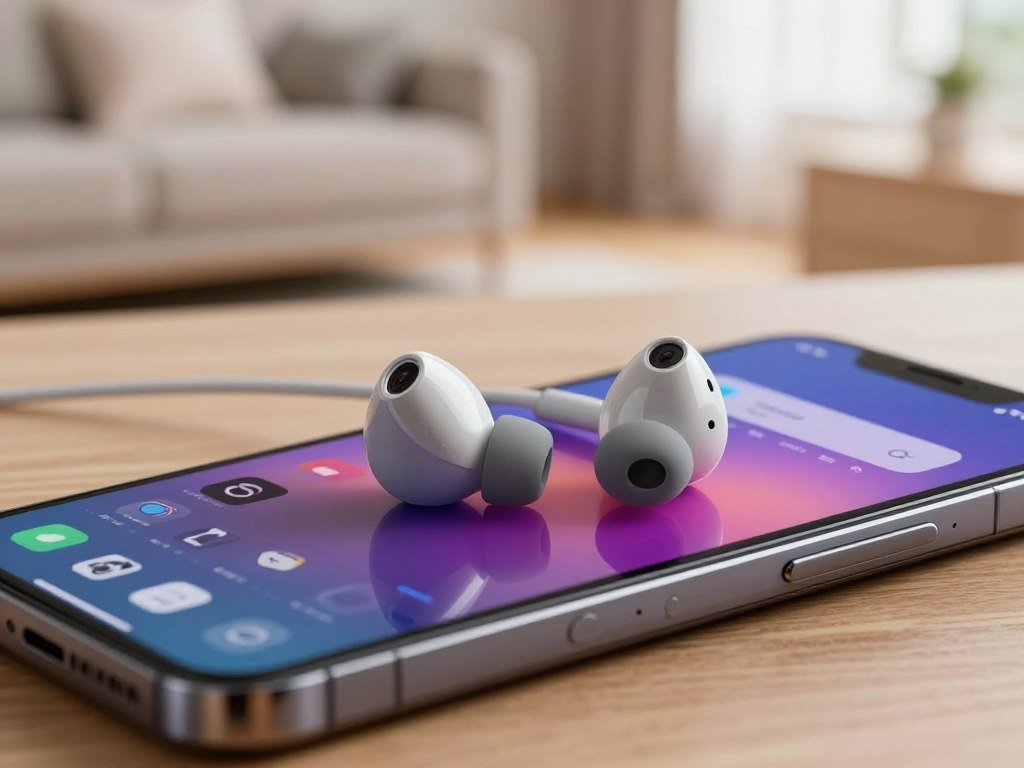 Wired earbuds playing a varied music playlist on a phone Wired earbuds playing a varied music playlist on a phone