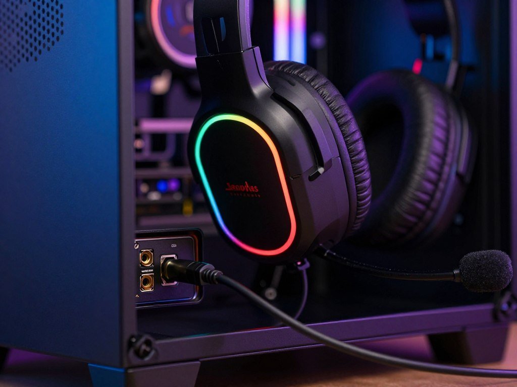 Wired gaming headset connected to a PC audio port