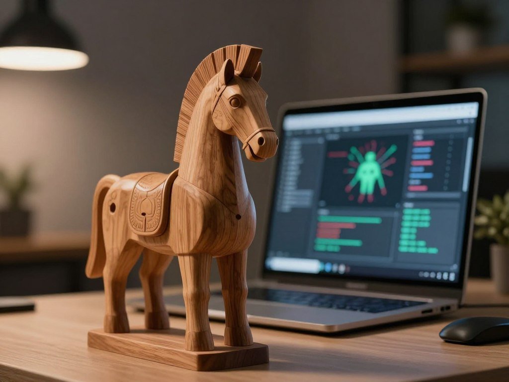 Wooden horse shown beside a computer with Trojan malware Wooden horse shown beside a computer with Trojan malware