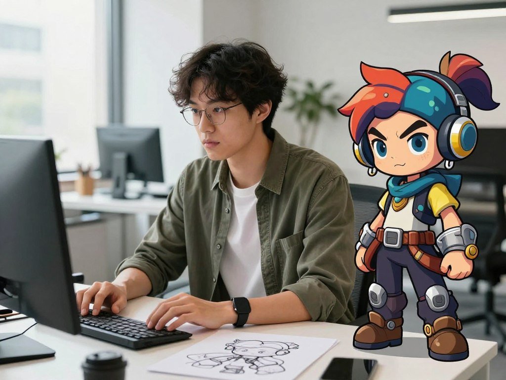 Work portrait and illustrated avatar beside a gaming character