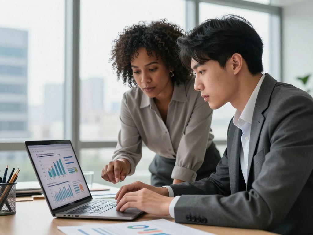 Workers compare unemployment figures on a laptop screen