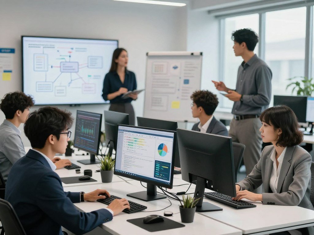 Workers using artificial intelligence at different desks Workers using artificial intelligence at different desks