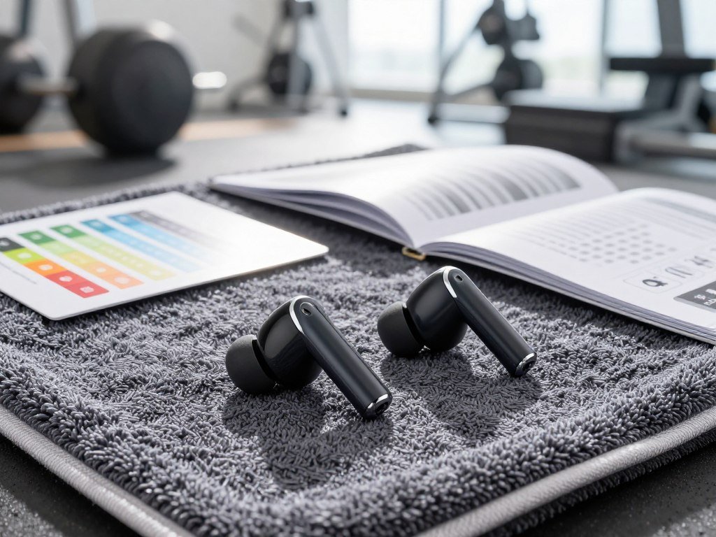 Workout earbuds beside an IP rating guide and towel