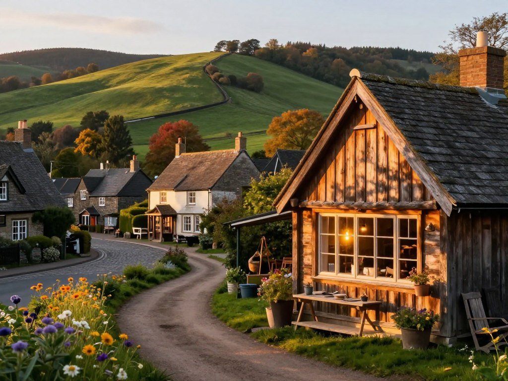 Workshop beside a town with hills and resource paths