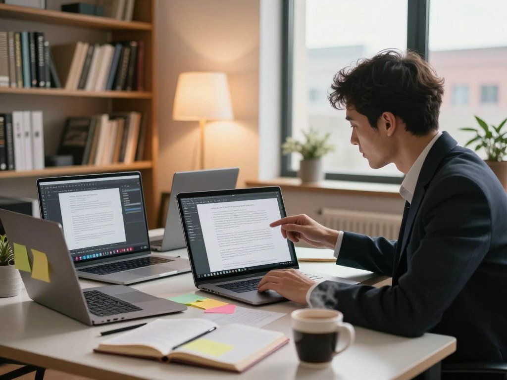 Writer comparing article drafts from several writing tools Writer comparing article drafts from several writing tools