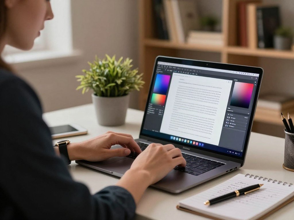 Writer editing generated text beside an image prompt on screen