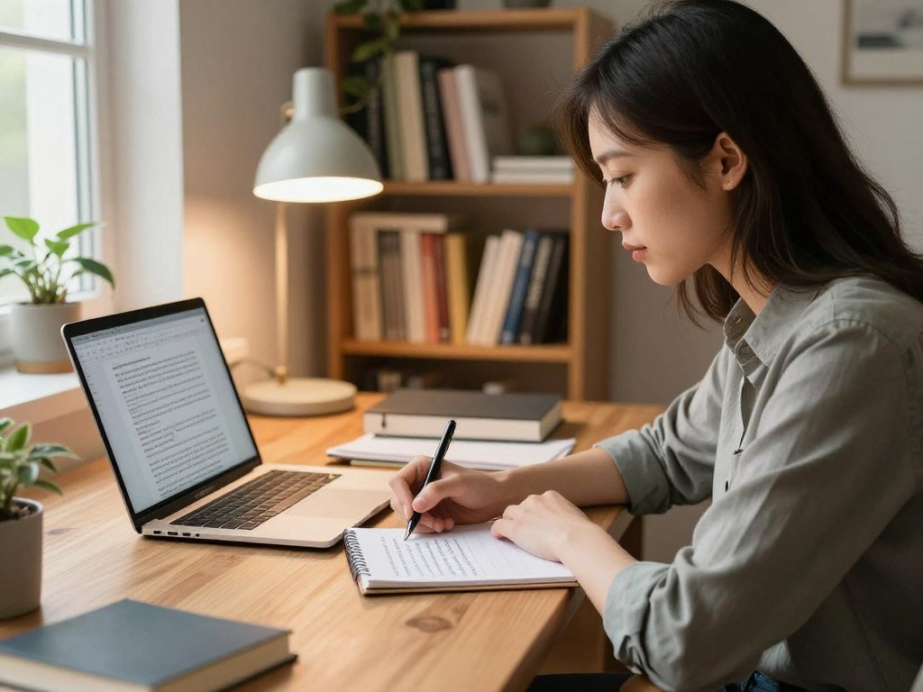 Writer noting a paragraph's main point before editing content